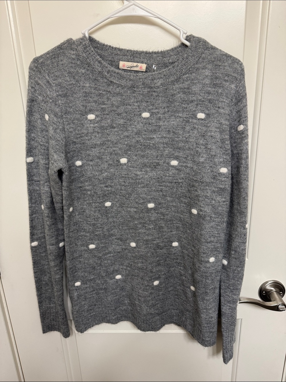 Light Gray Crewneck Knit Sweater with White Dot Detail